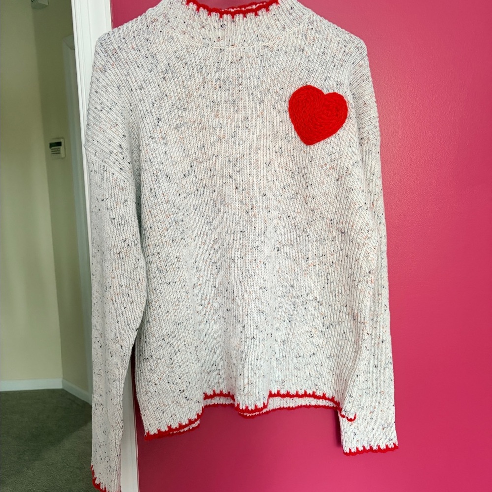 NWOT Chic White Sweater with Red Heart Detail